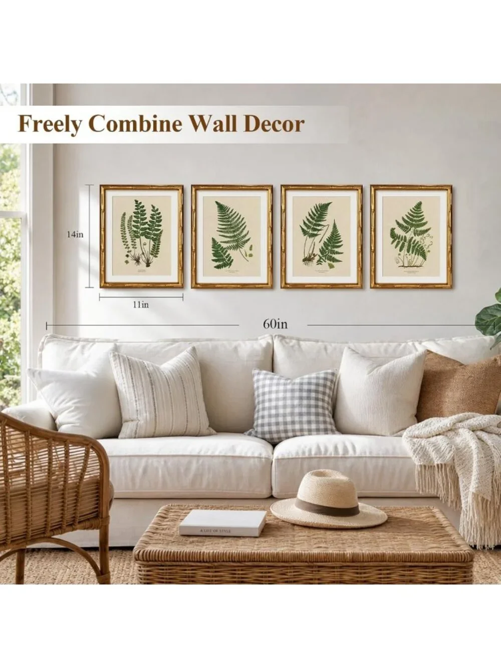Vintage Botanical Wall Art Set - 4pcs Bamboo Framed Fern Prints, 11x14